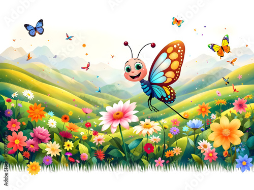 A cartoonish butterfly flies over a field of flowers
