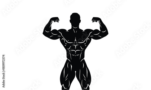 Silhouette of a muscular bodybuilder performing a squat pose flexing biceps isolated on white background