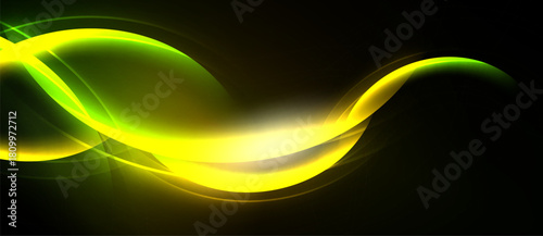 Bright yellow, green light curves flow across black background. Dynamic energy radiates from central glow. Smooth shapes suggest movement.
