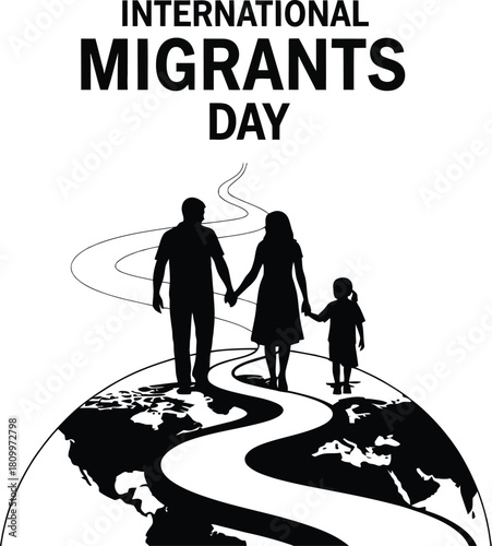 International Migrants Day concept with a family silhouette walking a path over the globe