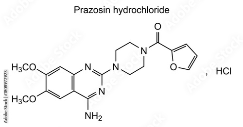 Prazosin hydrochloride, chemical structure of prazosin hydrochloride, drug substance