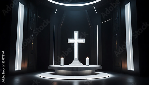 Modern Dark Church Interior with Illuminated Cross and Candles for Spiritual or Religious Content