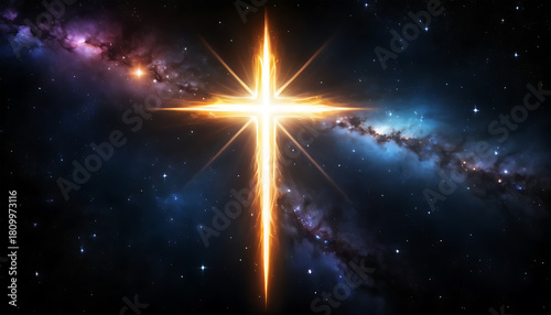 Bright Golden Cross in Deep Space with Galaxy and Stars