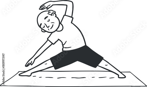 Outline vector illustration of a person practicing yoga in a stretching pose on a mat for wellness and fitness themes