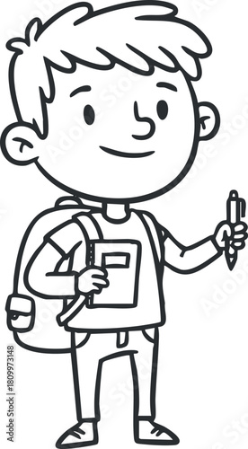 Playful outline vector illustration of a happy schoolboy holding a pen and notebook, ideal for educational themes and children's design projects