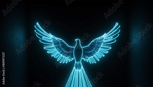 Neon Blue Light Bird with Outstretched Wings in Dark Background