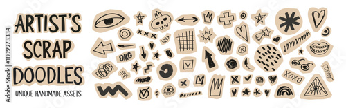 Playful scrapbook doodle set with cute cutout elements for modern collage design. Hand drawn shapes and accents perfect for digital scrapbooking, stickers, creative layouts, and abstract compositions.