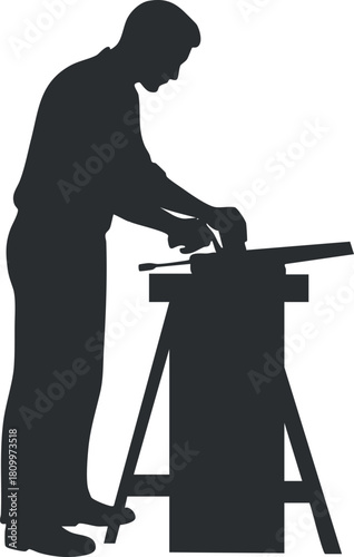 Silhouette vector illustration of a carpenter working with tools at a workshop, ideal for industry and construction themes