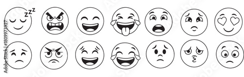Collection of cartoon faces expressing different emotions in black and white