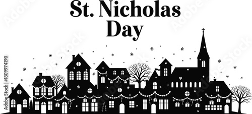 Black and silhouette illustration of a snowy village celebrating St. Nicholas Day with festive lights