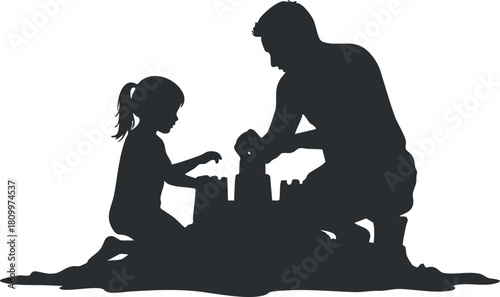 Silhouette vector illustration of a father and daughter building a sandcastle together at the beach, perfect for family-themed designs