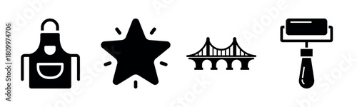 Black silhouette icons: apron, star, bridge, and roller on white background