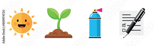 Colorful icons: sun, plant, spray can, checklist pen symbols on white background