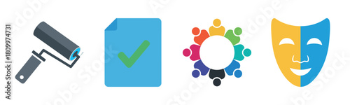 Set of colorful icons: paint roller, checklist, circular team, comedy and tragedy mask