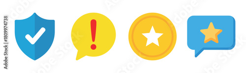 Colorful icon set: shield, alert, coin, and star in speech bubble