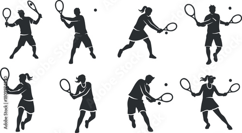 Silhouette vector icon set showing male and female tennis players in various action poses, perfect for sports design and branding projects