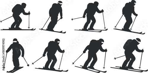 Silhouette vector icon set showing various skiing poses for winter sports and outdoor activity designs.