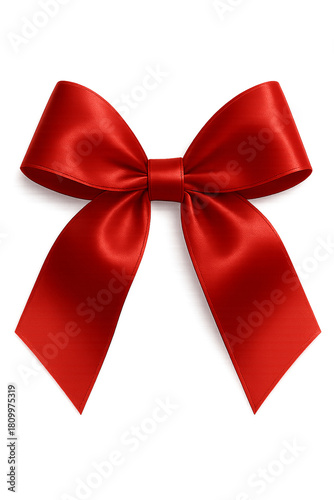 A vibrant red satin ribbon bow with elegant loops and flowing tails isolated on transparent background