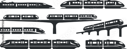 Silhouette vector icon set showcasing various high-speed trains and monorails for transportation and urban design projects