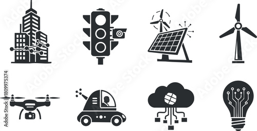 Modern flat design vector icons depicting smart city elements including traffic lights, renewable energy sources, and innovative technology.