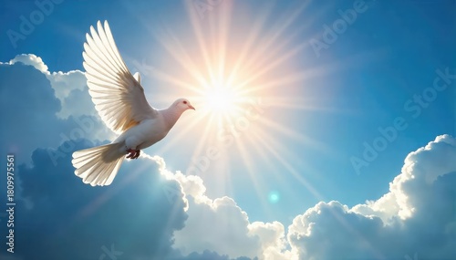 A single dove soaring towards a radiant light, symbolizing the release of the soul and the promise of spiritual peace and eternal salvation ,  spiritual journey,  spiritual growth