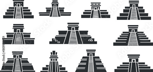 Set of black silhouette vector icons depicting Mayan pyramid temples for cultural and historical design projects