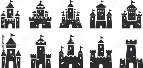 Set of black and white vector illustrations featuring various castle designs, perfect for children's themes and creative projects