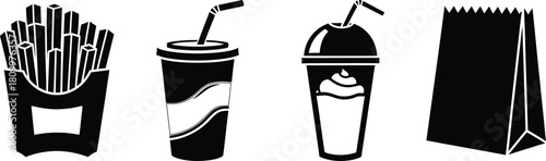 Black and white fast food icons fries soda smoothie and paper bag