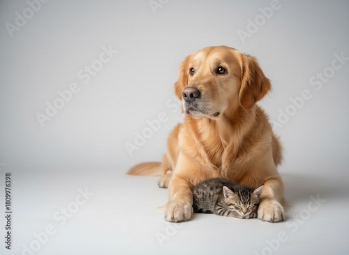 Golden Retriever dog lying peacefully with a sleeping tabby kitten between its paws on a minimalist grey studio background.