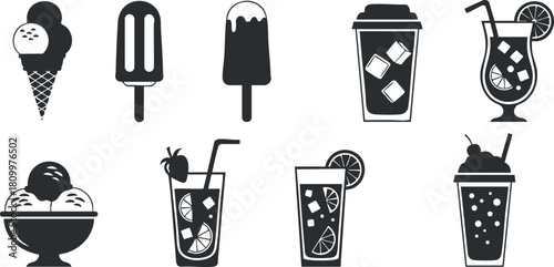 Flat design vector collection of ice cream and beverage icons, perfect for summer-themed projects and food-related designs