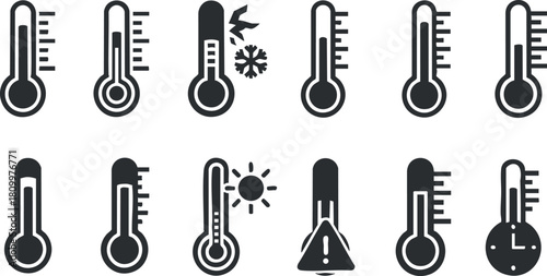 Vector icon set featuring various thermometer designs representing temperature indicators for weather, climate, and safety applications