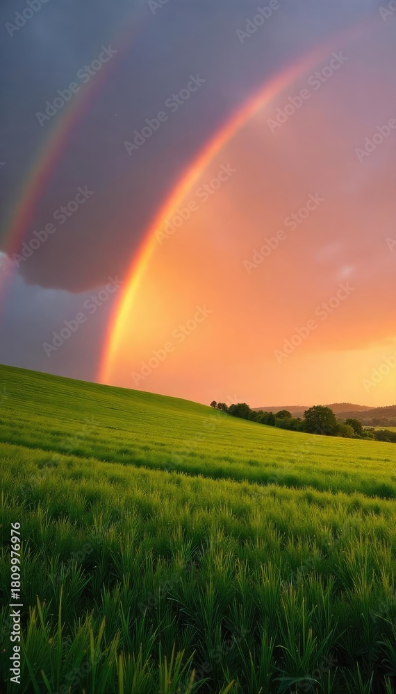 Obraz premium Vibrant Rainbow Arching Over Lush Green Sunset Field Stunning Nature Photography