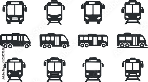 Set of minimalist black and white vector icons featuring various public transportation vehicles including buses and trams for urban design projects.