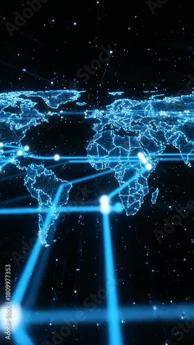 Dark technical background featuring glowing blue geometric lines dynamically connecting thousands of futuristic white dots representing a complex global network programming, network, background