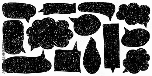 Cute kids drawings with crayon borders. Naive playful style and bright accents. Text box chalkboard speech frames.