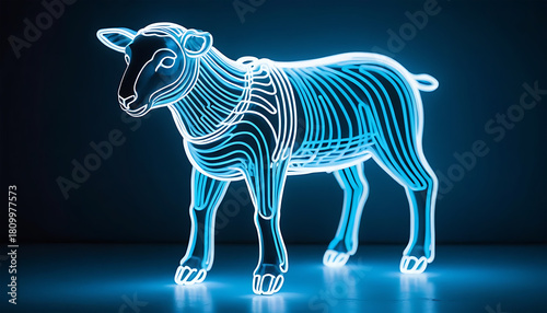 Neon Blue Illuminated Sheep Model with Skeletal Lines in Dark Background