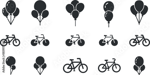 Playful vector icon set featuring bicycles and balloons, ideal for celebration themes, events, or leisure activities