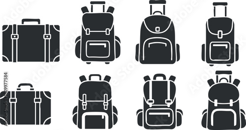 Collection of black and white vector icons featuring various types of luggage, including suitcases and backpacks for travel design.