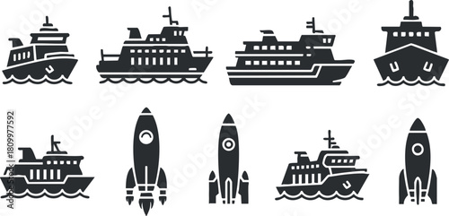 Collection of minimalist black and white vector icons featuring various ships and rockets for marine and space transportation themes