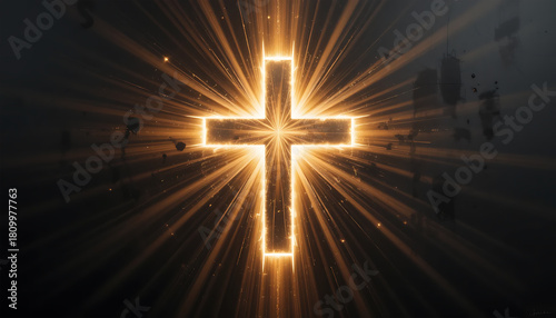 Glowing Cross with Radiant Light Effects in Dark Sky Setting