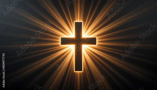 Glowing Cross with Radiant Light Beams in Dark Sky Spiritual Religious Symbol