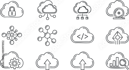 Collection of line art cloud icons representing technology concepts such as data security, network connectivity, and analytics.