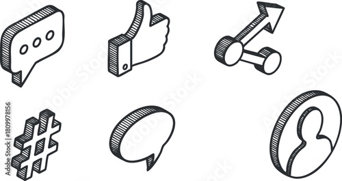 Hand-drawn vector icon set featuring social media symbols like thumbs up, chat bubble, and hashtag for digital communication