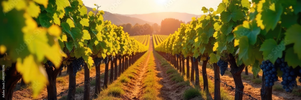 Naklejka premium Sun-drenched vineyard at harvest time Rows of laden vines, ripe grapes ready for picking, beautiful autumnal colors A picturesque scene of abundance and nature's bounty , juicy, organic