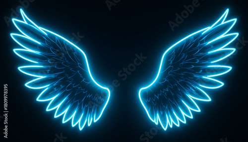 Neon Blue Angel Wings Glow on Dark Background Futuristic Style