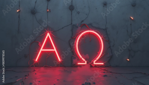 Neon Red Alpha and Omega Symbols on Gray Wall Modern Artistic Decor