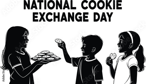 Silhouette illustration for National Cookie Exchange Day with three children sharing a cookie