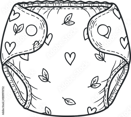 Cute outline vector illustration of a baby diaper featuring heart and leaf patterns for childcare and parenting design projects