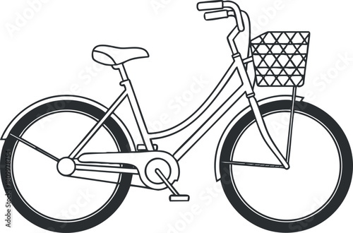 Outline vector illustration of a bicycle with a basket for transportation and leisure activities