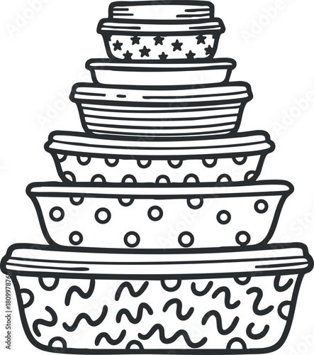 Hand-drawn vector illustration of a set of nesting storage containers featuring playful patterns and designs for kitchen organization